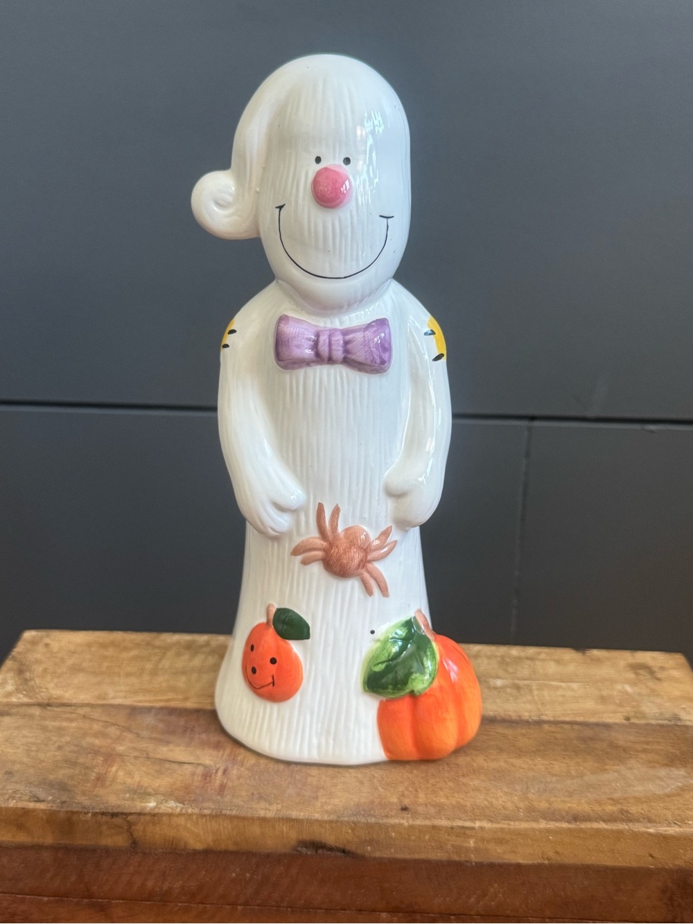 Vintage White Whimsical Halloween Happy Ghost Ceramic Figurine W/Orange Accent